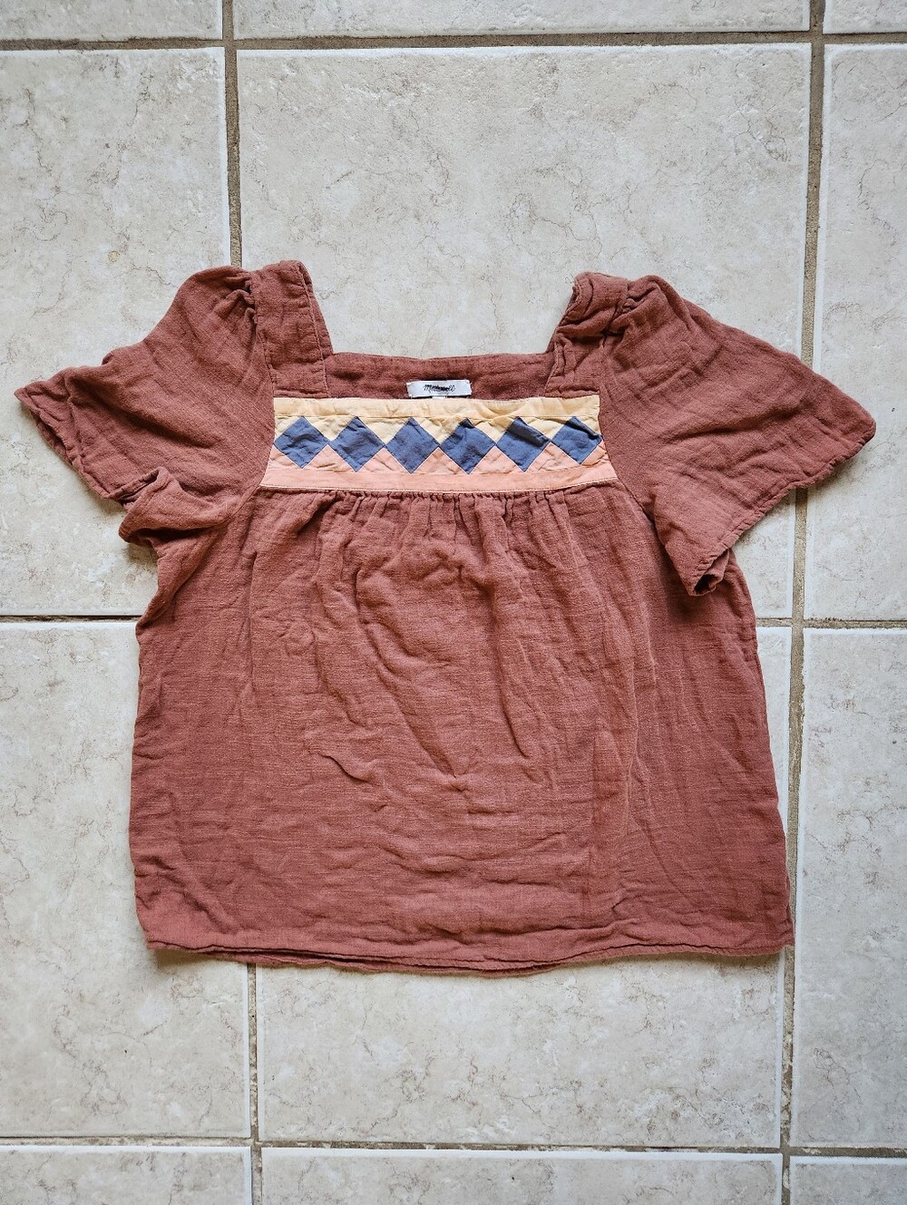 Madewell Patchwork Square Neck Gauze Blouse Top M Brown Burnt Clay Boho